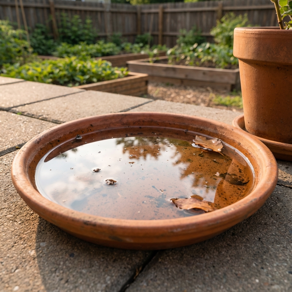 A close-up photo of rainwater collected in a plant pot saucer on a patio