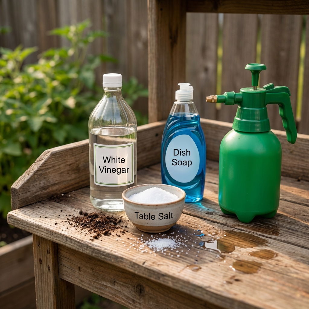 A close-up photo of white vinegar, table salt, and dish soap on an outdoor potting bench with a handheld garden sprayer nearby