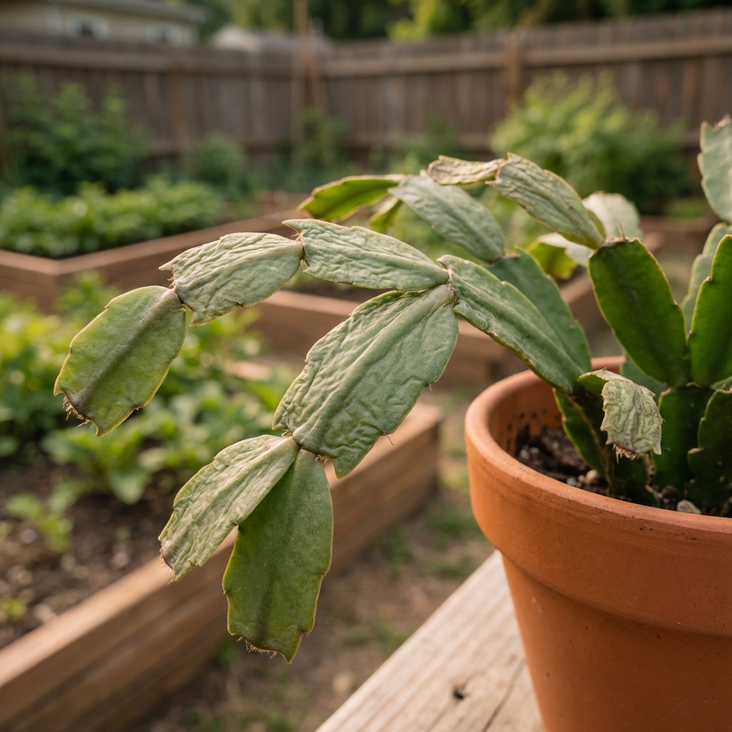 A close-up photo of wrinkled segments on a Christmas cactus showing mild dehydration