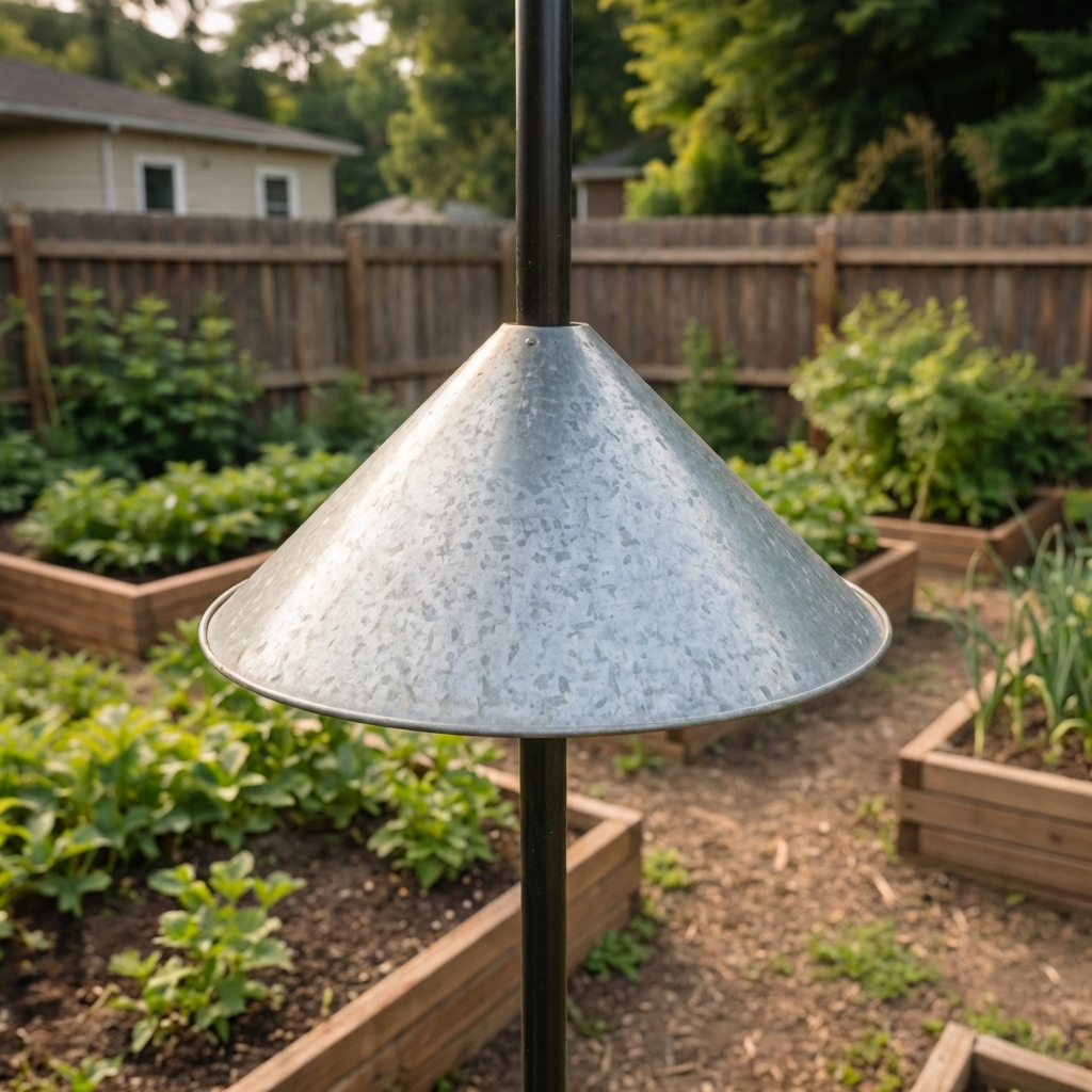 A close-up photograph of a cone baffle installed on a smooth metal bird feeder pole