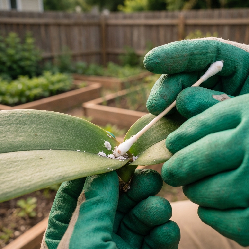 A close-up photograph of a cotton swab cleaning mealybugs from an orchid leaf near the base