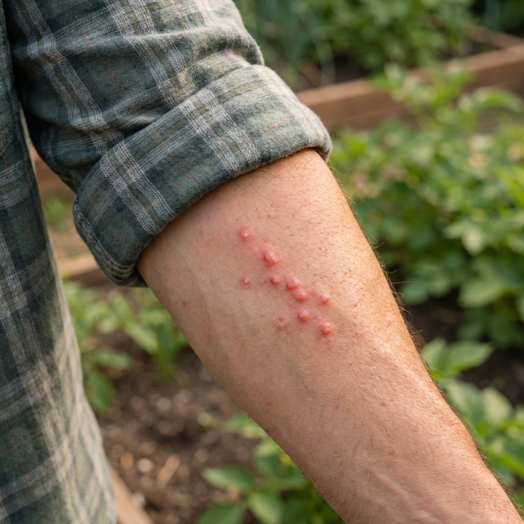 A close-up photograph of a forearm with several small red itchy bumps in a short line pattern
