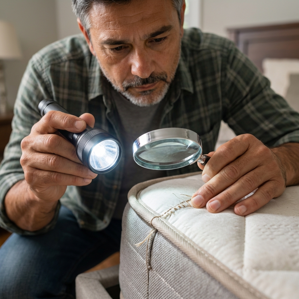 A close-up photograph of a mattress seam being inspected with a bright flashlight