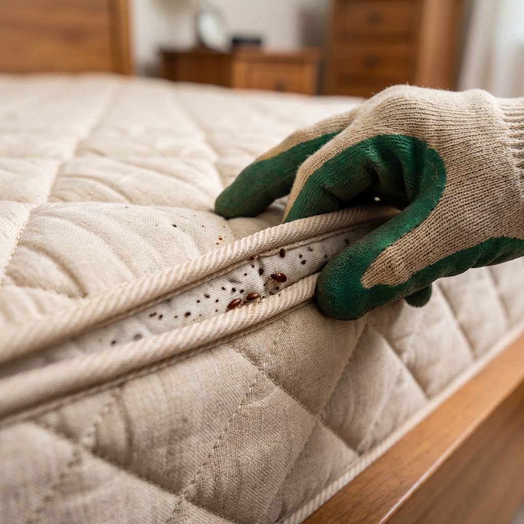 A close-up photograph of a mattress seam being pulled back by a gloved hand to inspect for bed bugs