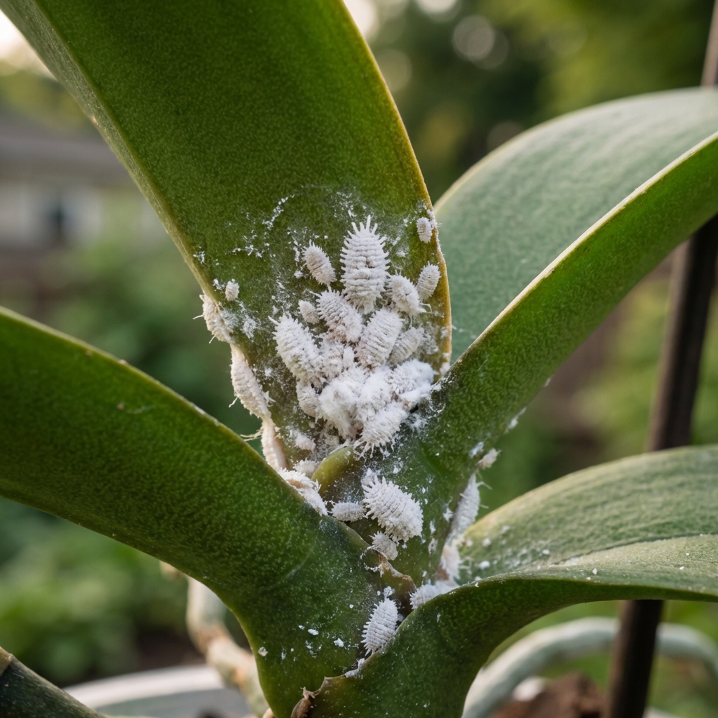 A close-up photograph of a mealybug cluster on an orchid leaf joint