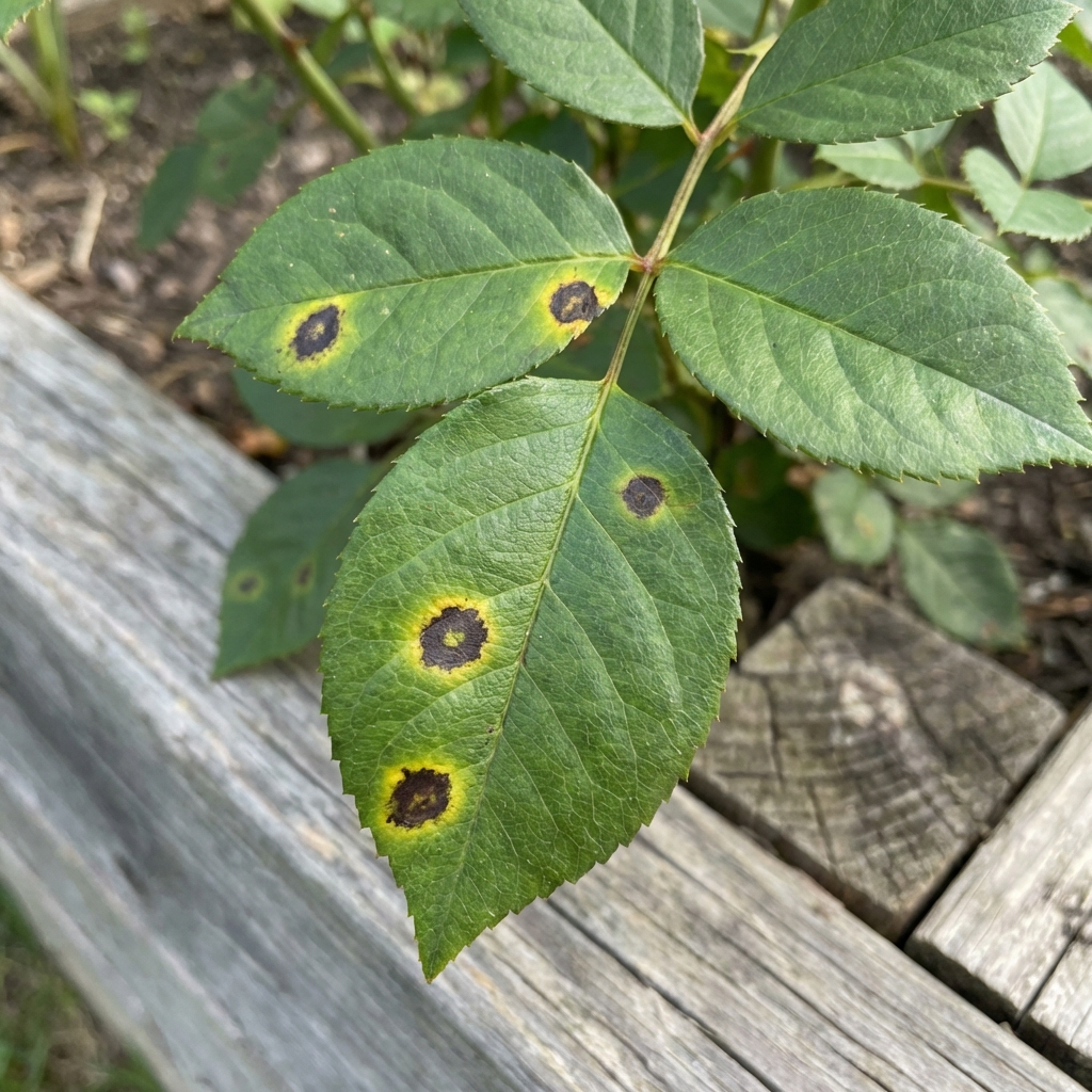 A close-up photograph of a rose leaf showing dark circular spots with yellowing around them