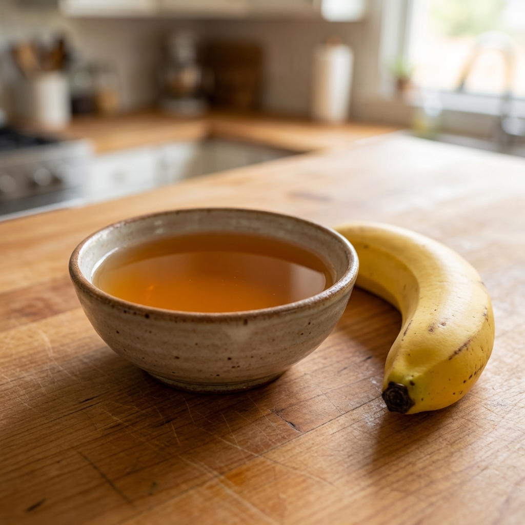 A close-up photograph of a small bowl of apple cider vinegar on a kitchen counter beside a banana
