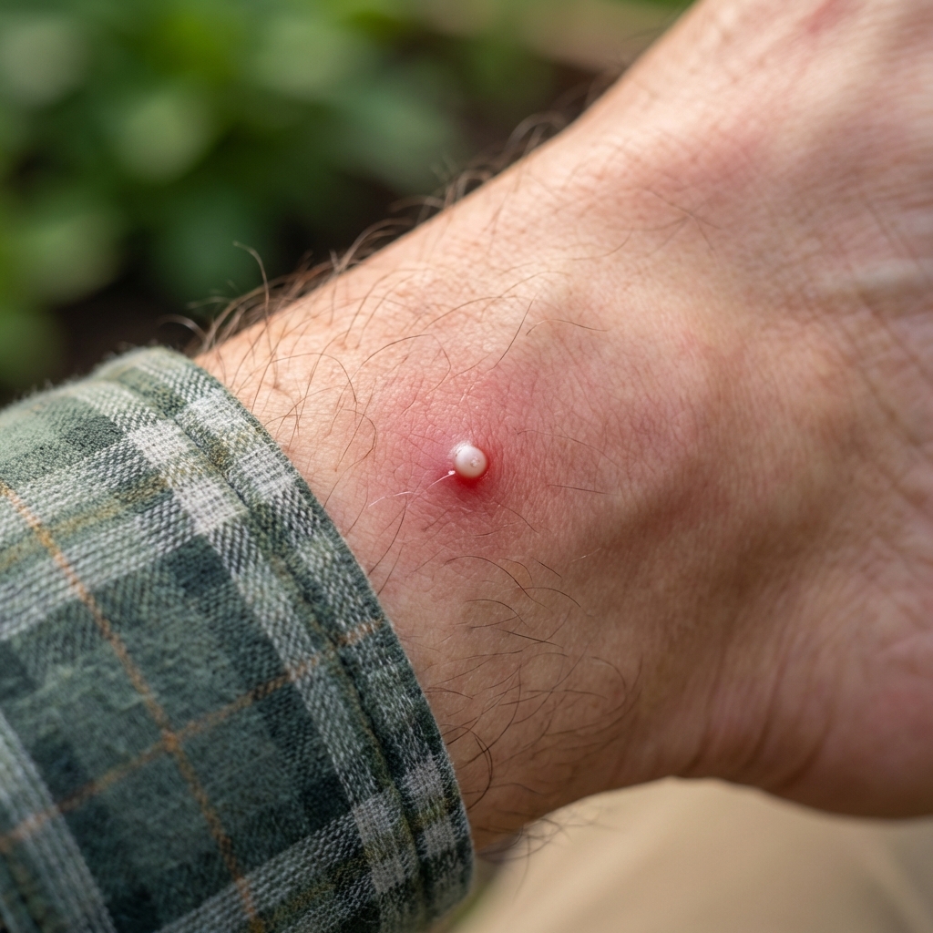A close-up photograph of a small fire ant pustule on the skin of an ankle