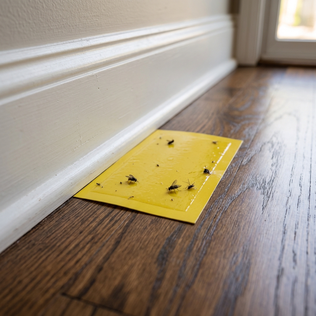 A close-up photograph of a sticky insect trap placed along a baseboard on a hardwood floor