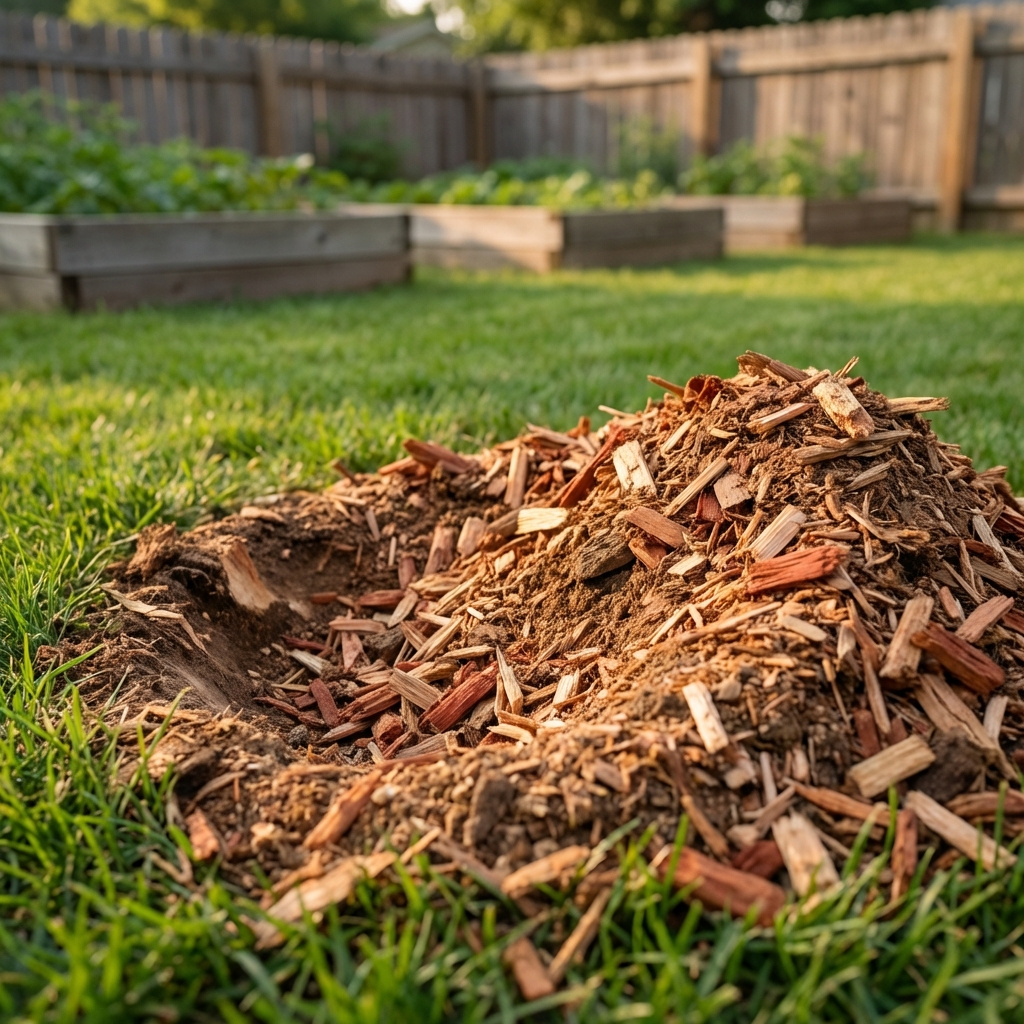 A close-up photograph of fresh stump grinding wood chips piled next to a shallow hole in a lawn