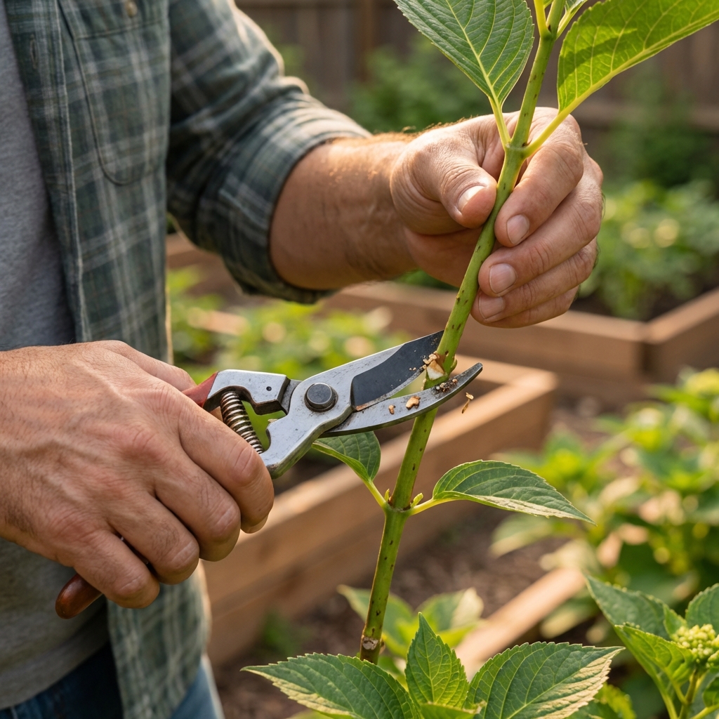 A close-up photograph of pruning shears cutting a hydrangea stem just above a leaf node