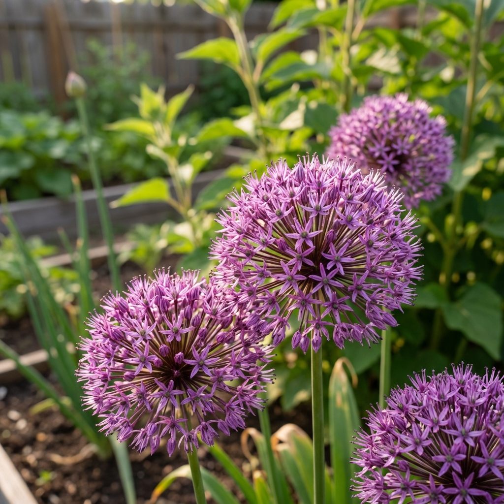A close-up photograph of purple allium flower heads blooming in a garden bed with green leaves in the background