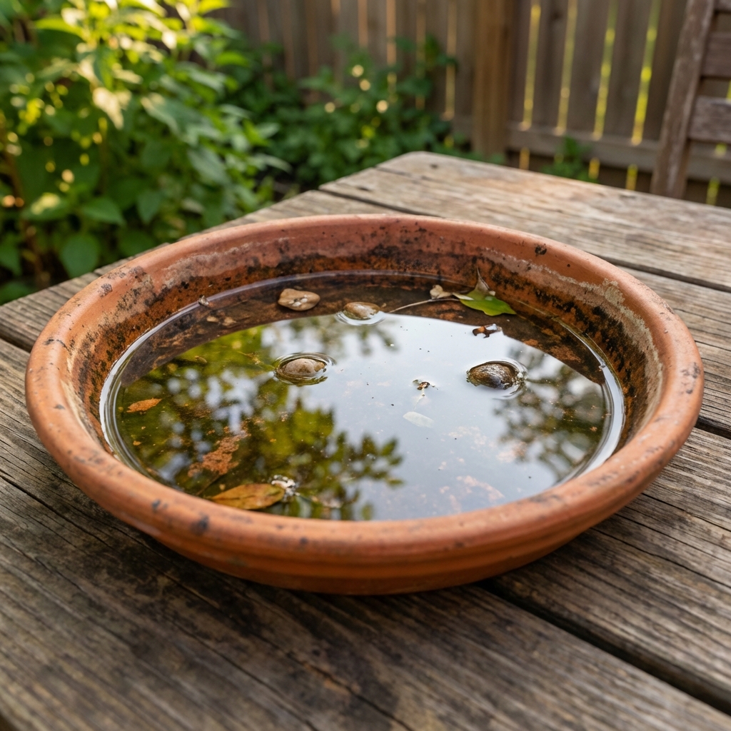 A close-up photograph of rainwater sitting in a plant pot saucer on a patio