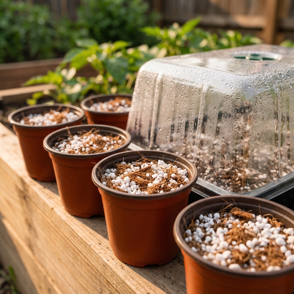 A close-up photograph of small nursery pots filled with perlite and coir next to a clear plastic humidity dome
