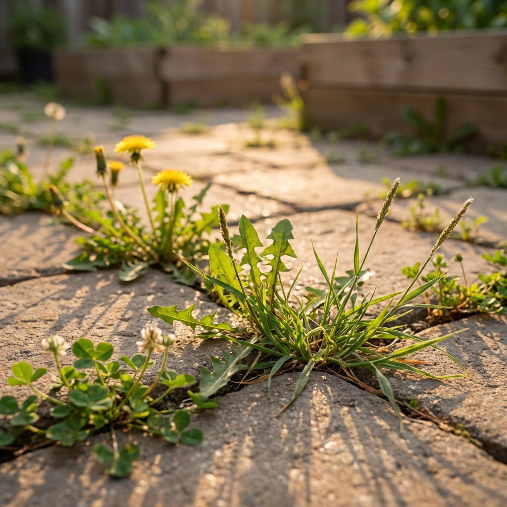 A close-up photograph of weeds growing between pavers in a patio