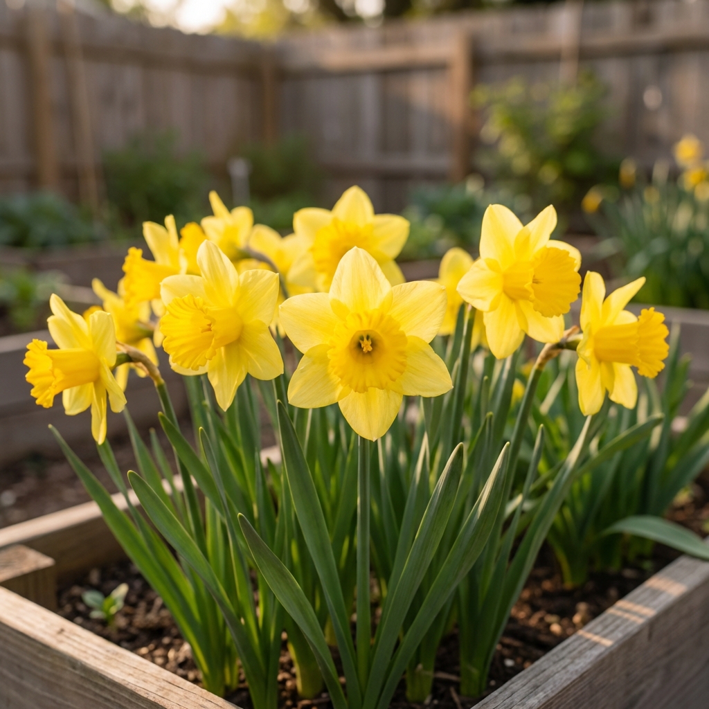 A close-up photograph of yellow daffodils blooming in a garden bed with green foliage