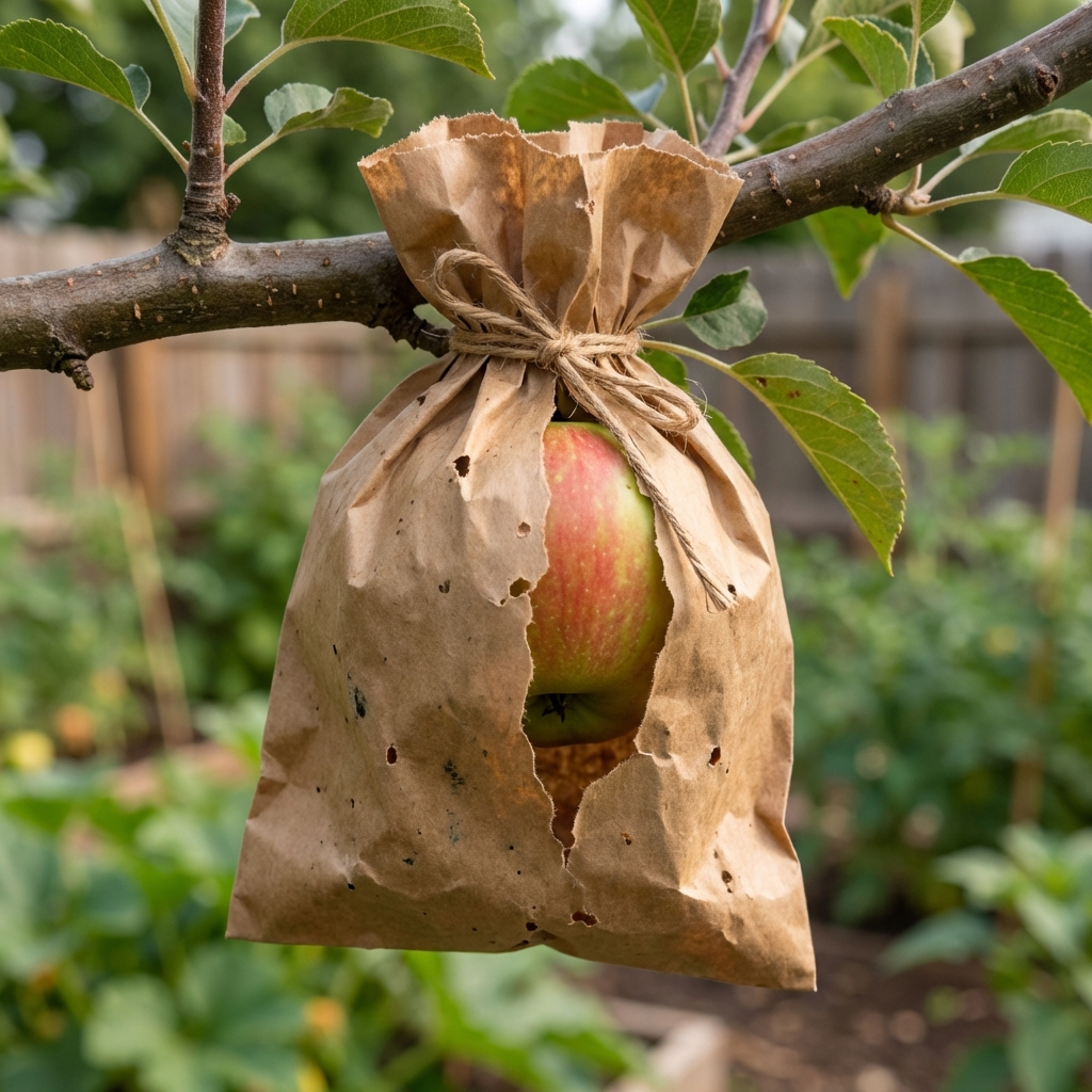 A close-up real photo of a paper fruit bag tied around a single apple on a tree branch
