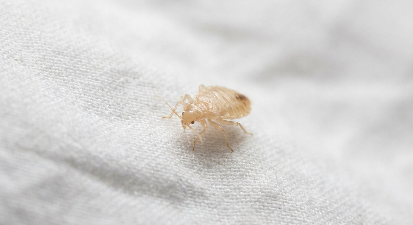 A close-up real photo of a small pale bed bug nymph on a white sheet