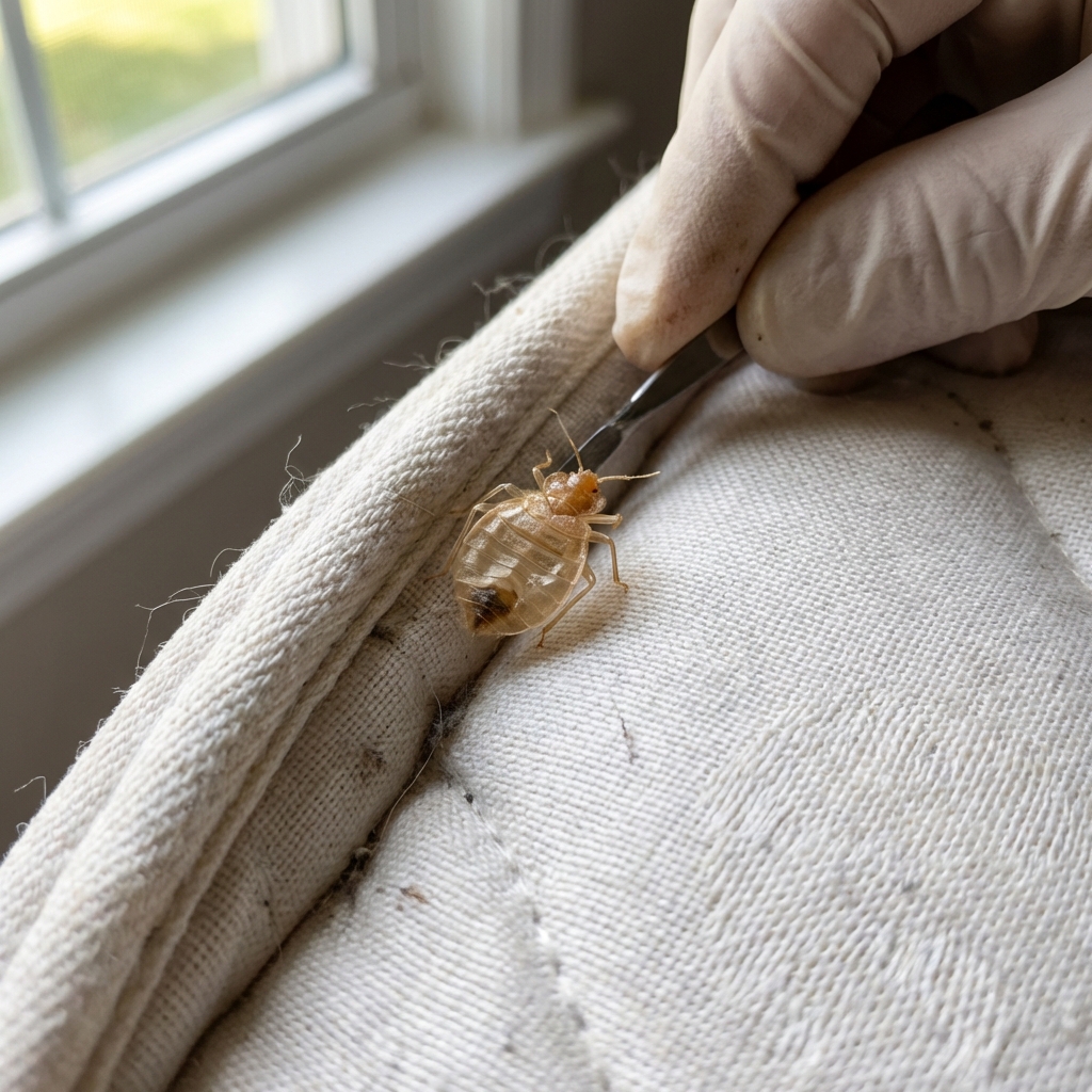 A close-up real photo of a tan shed bed bug skin caught in a mattress seam