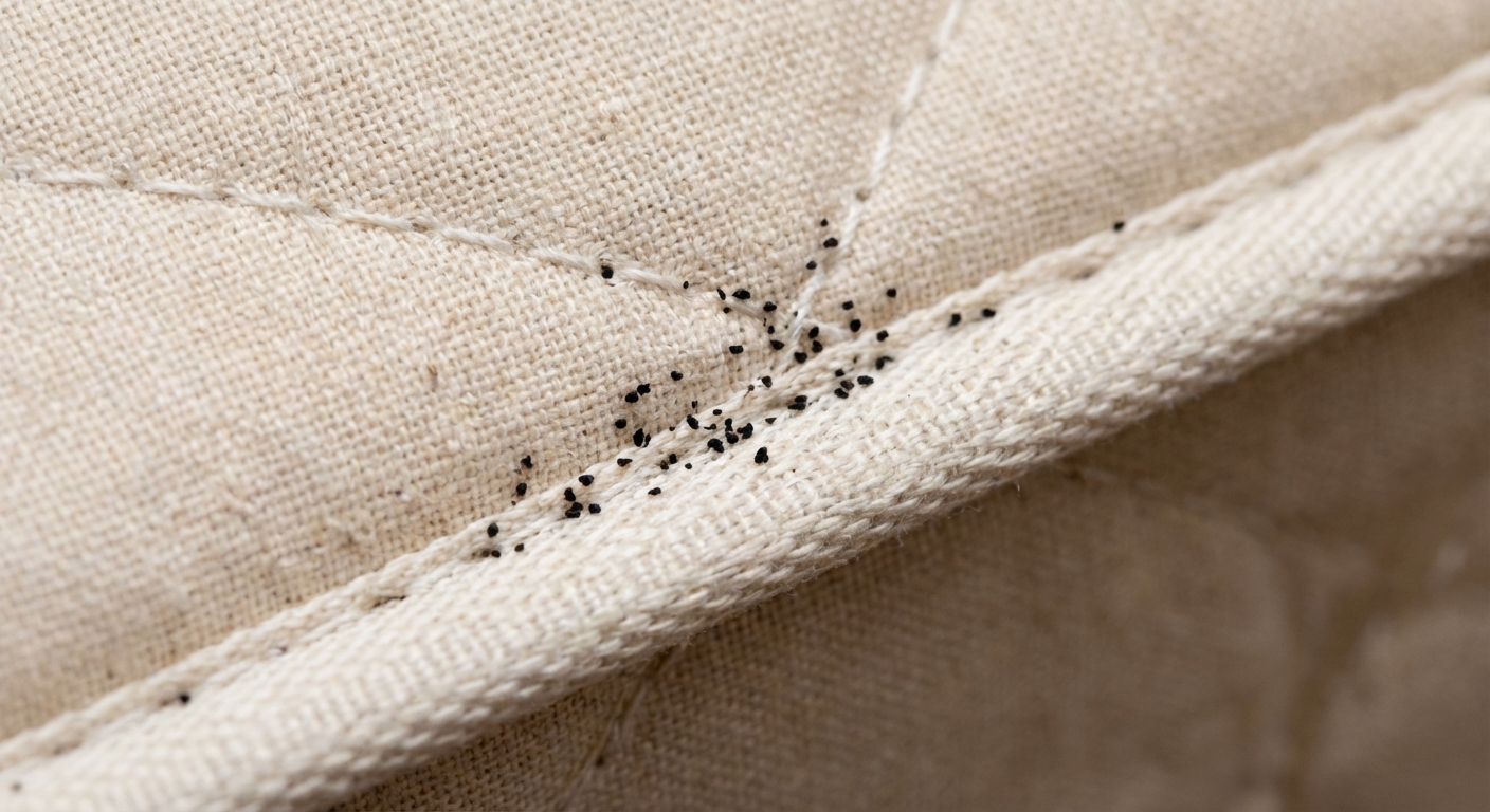 A close-up real photo of small black specks along the stitching of a mattress seam
