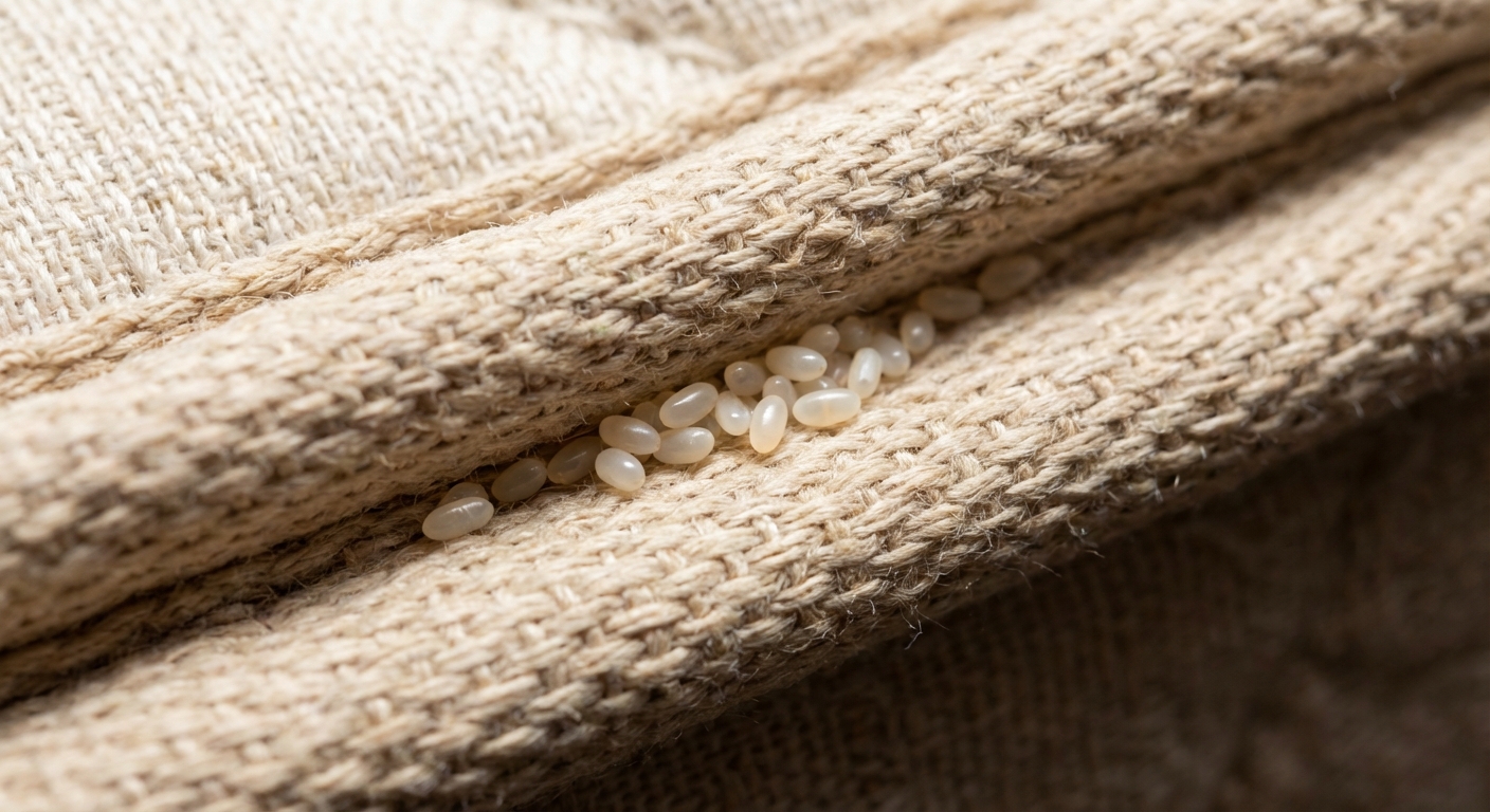 A close-up real photo of small white bed bug eggs clustered in a fabric seam