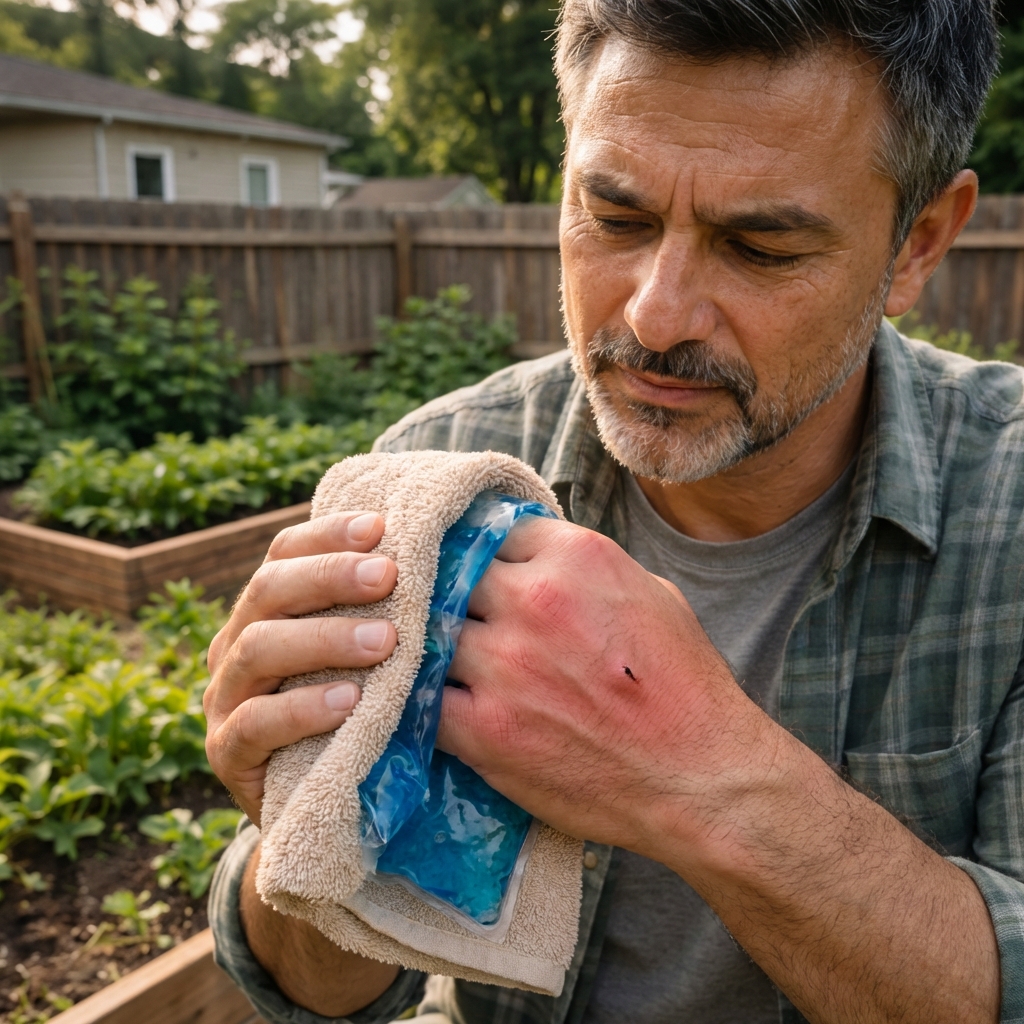 A cold pack wrapped in a towel resting on a swollen hand with a small sting mark
