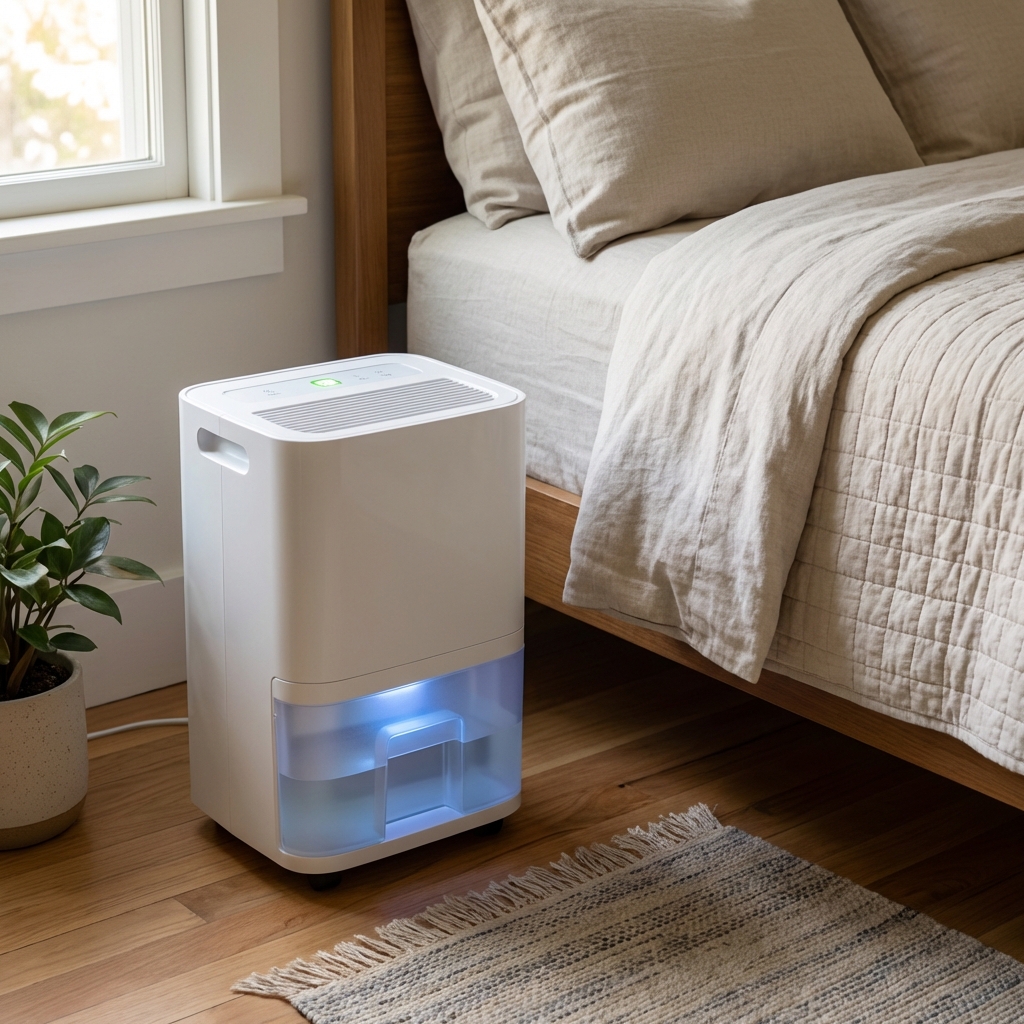 A compact dehumidifier running on a bedroom floor next to a bed