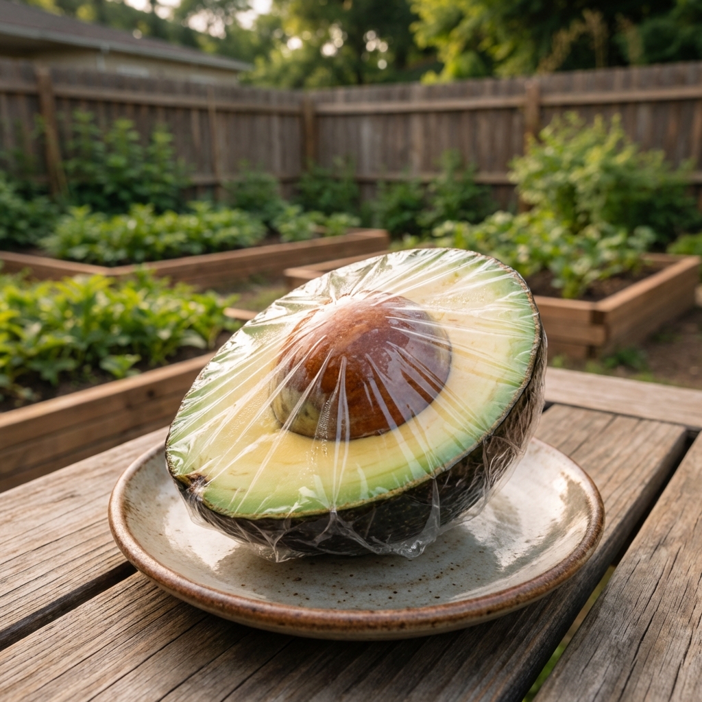 A cut avocado half wrapped tightly in plastic wrap on a small plate