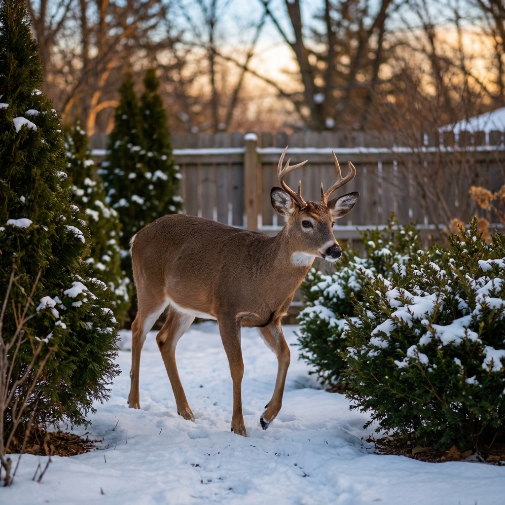 A deer walking through shallow snow near evergreen shrubs at dusk