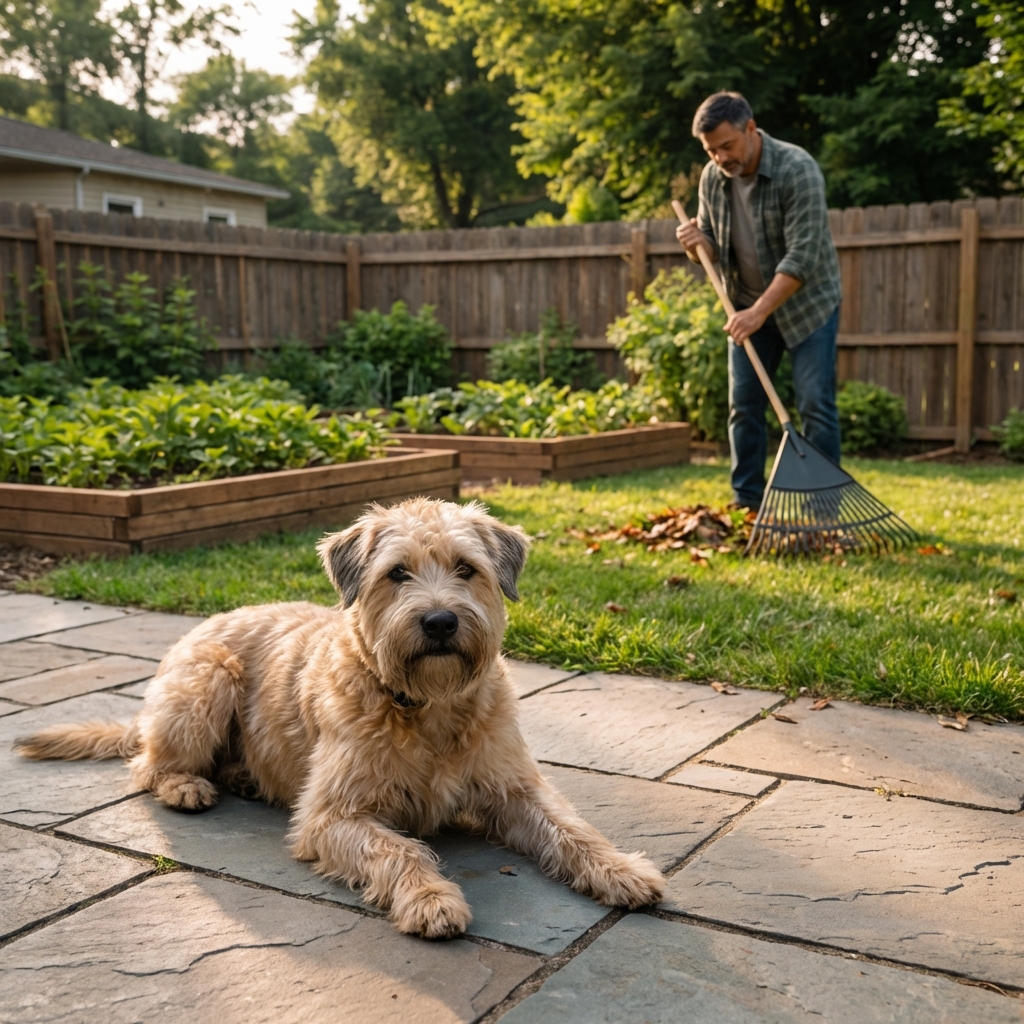 A dog resting on a patio while a shaded patch of yard is being raked in the background