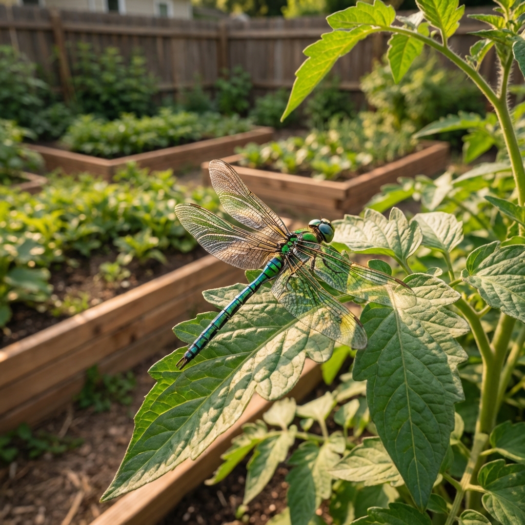 A dragonfly resting on a leaf near a sunny garden bed
