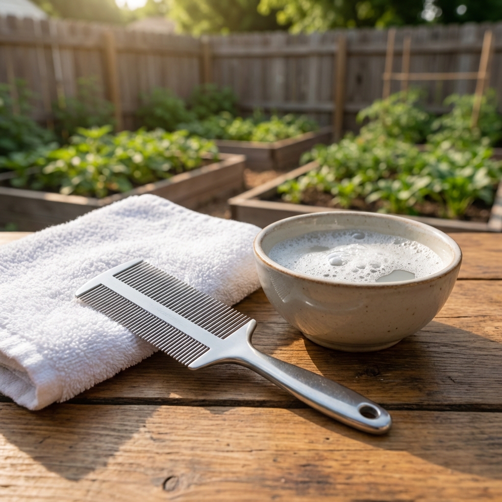 A fine-toothed flea comb next to a white towel and a small bowl of soapy water on a countertop