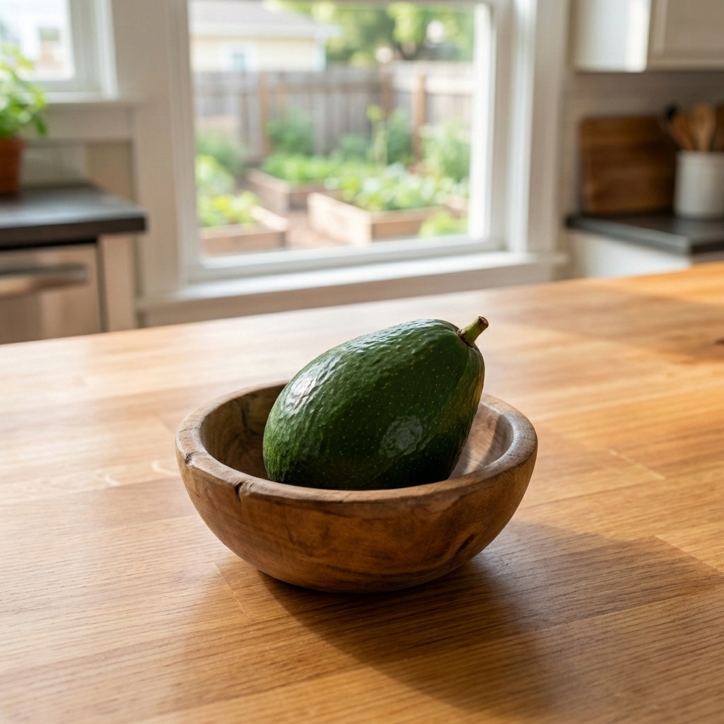 A firm, unripe avocado sitting in a small fruit bowl on a kitchen counter away from direct sunlight