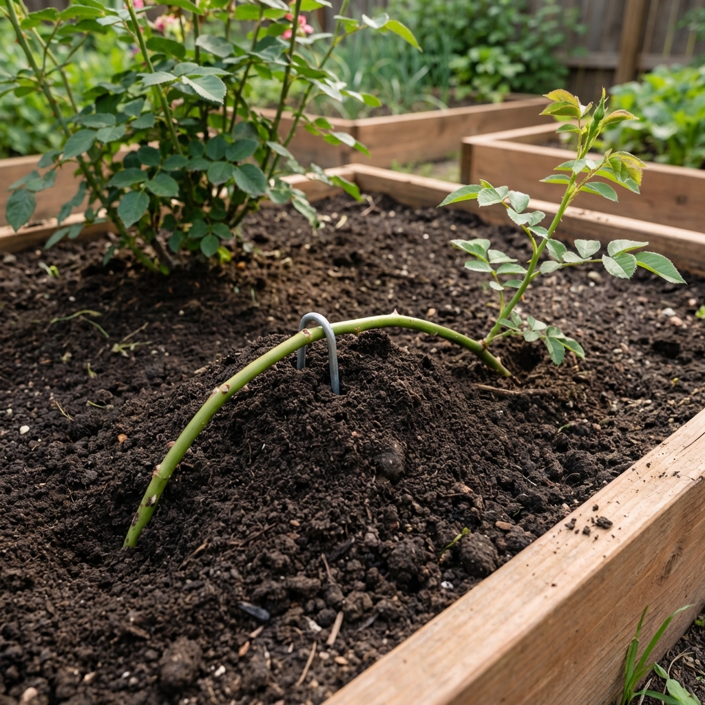 A flexible rose cane pinned to the ground with soil mounded over the middle section in a garden bed