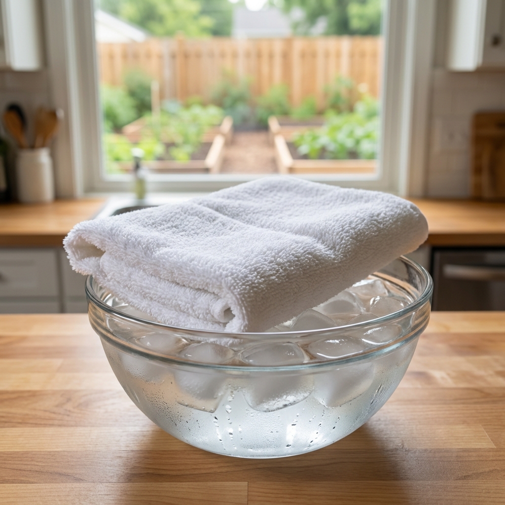 A folded clean washcloth resting on a bowl of ice water on a kitchen counter