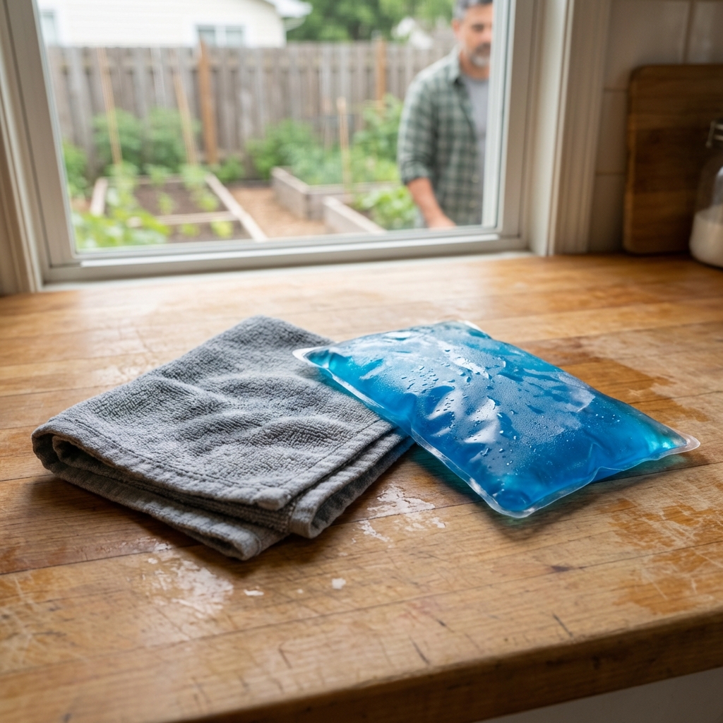 A folded damp washcloth on a kitchen counter next to a reusable ice pack