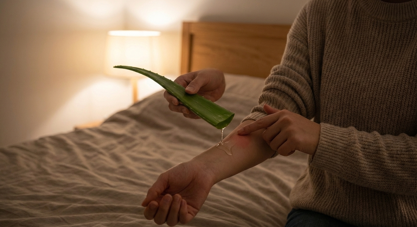 A fresh aloe vera leaf with clear gel being gently applied to a small patch of skin