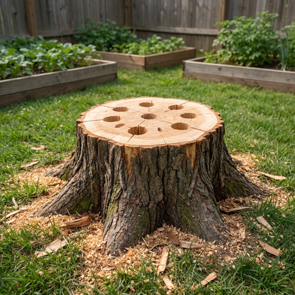 A freshly cut tree stump with several drilled holes on top in a grassy yard