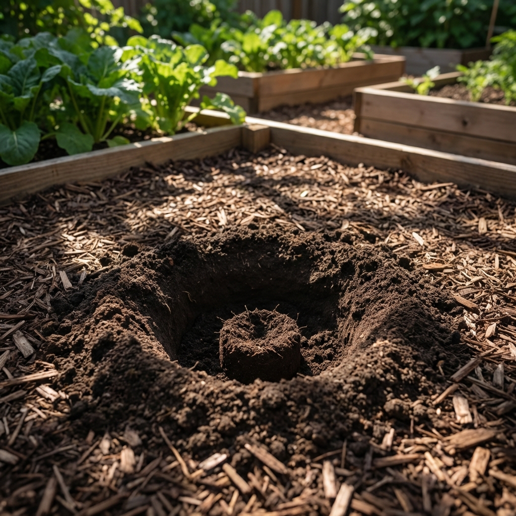 A freshly dug planting hole in a mulched garden bed under partial shade