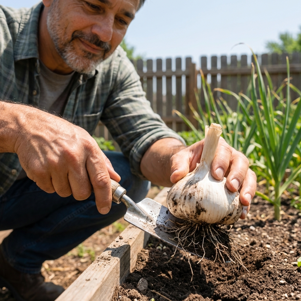 A freshly harvested garlic bulb being lifted from the soil with a hand trowel on a sunny day