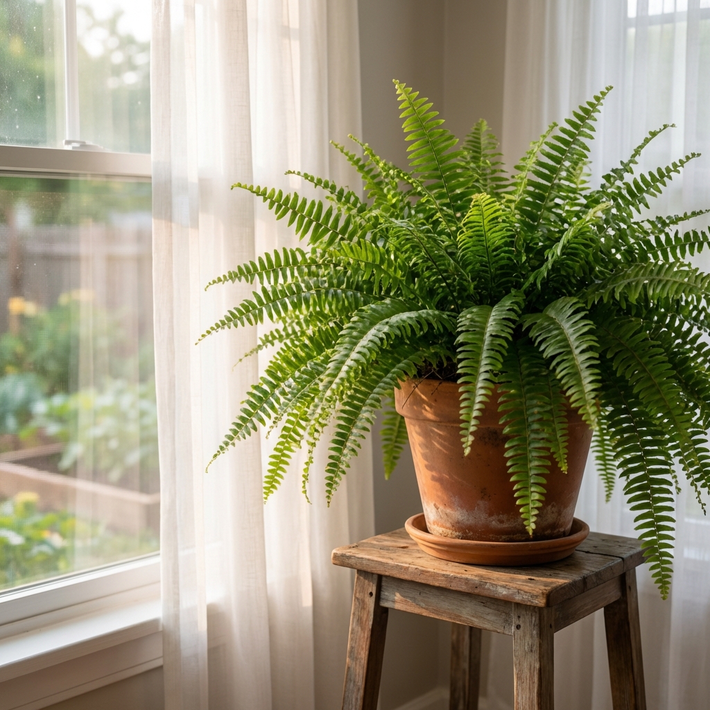 A full Boston fern on a plant stand beside a window with sheer curtains