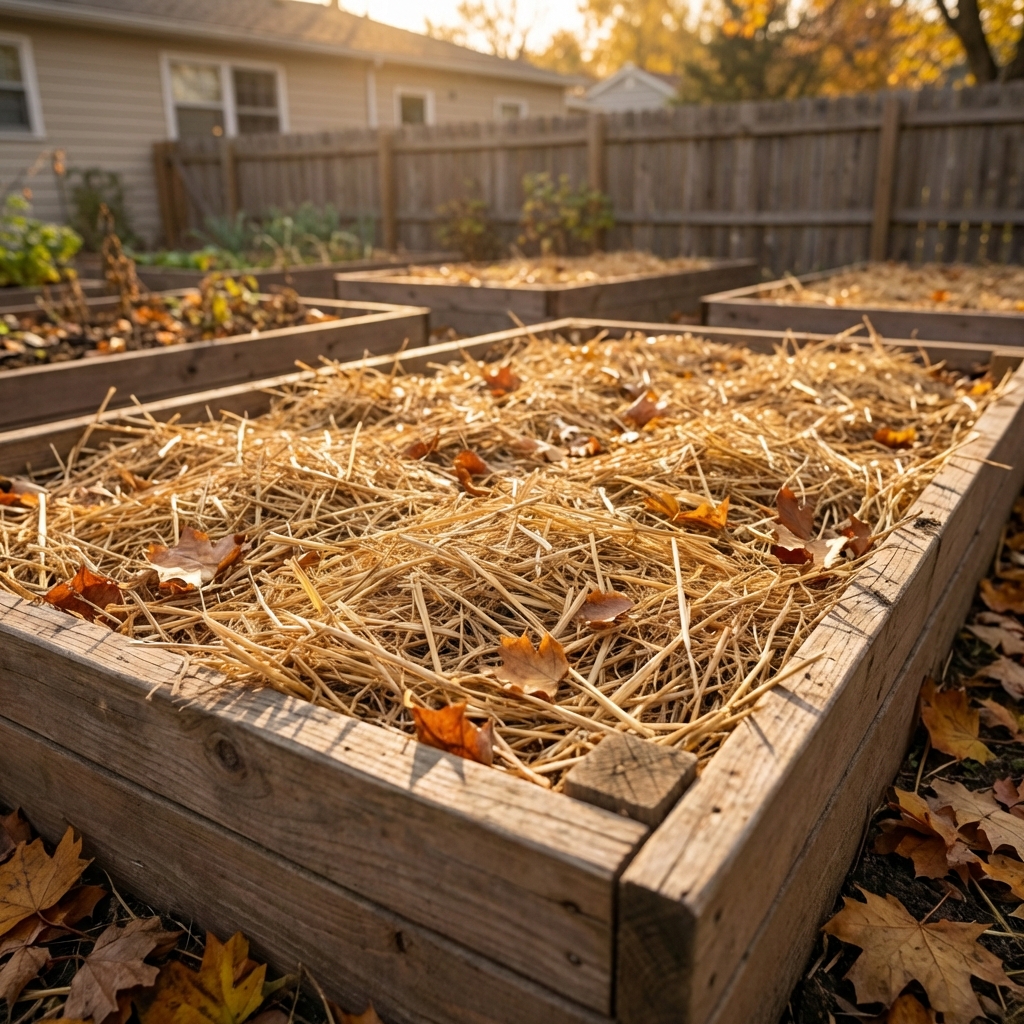 A garden bed covered with a thick layer of straw mulch in late autumn with a wooden border visible