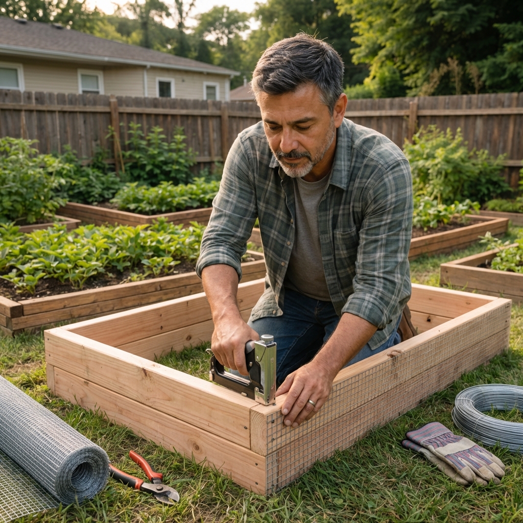 A gardener attaching hardware cloth to the bottom of a wooden raised garden bed frame