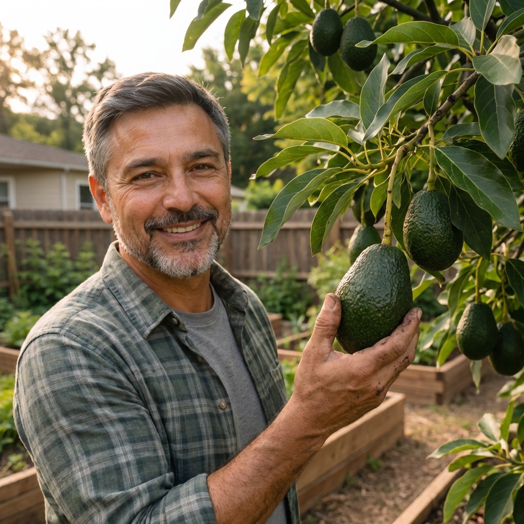 A gardener holding a freshly picked avocado near an avocado tree branch