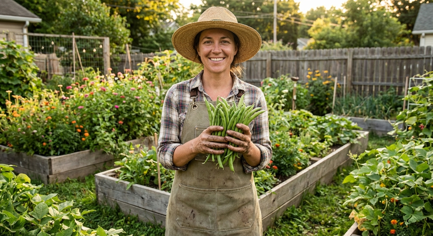 A gardener holding a handful of freshly picked green beans in a backyard garden