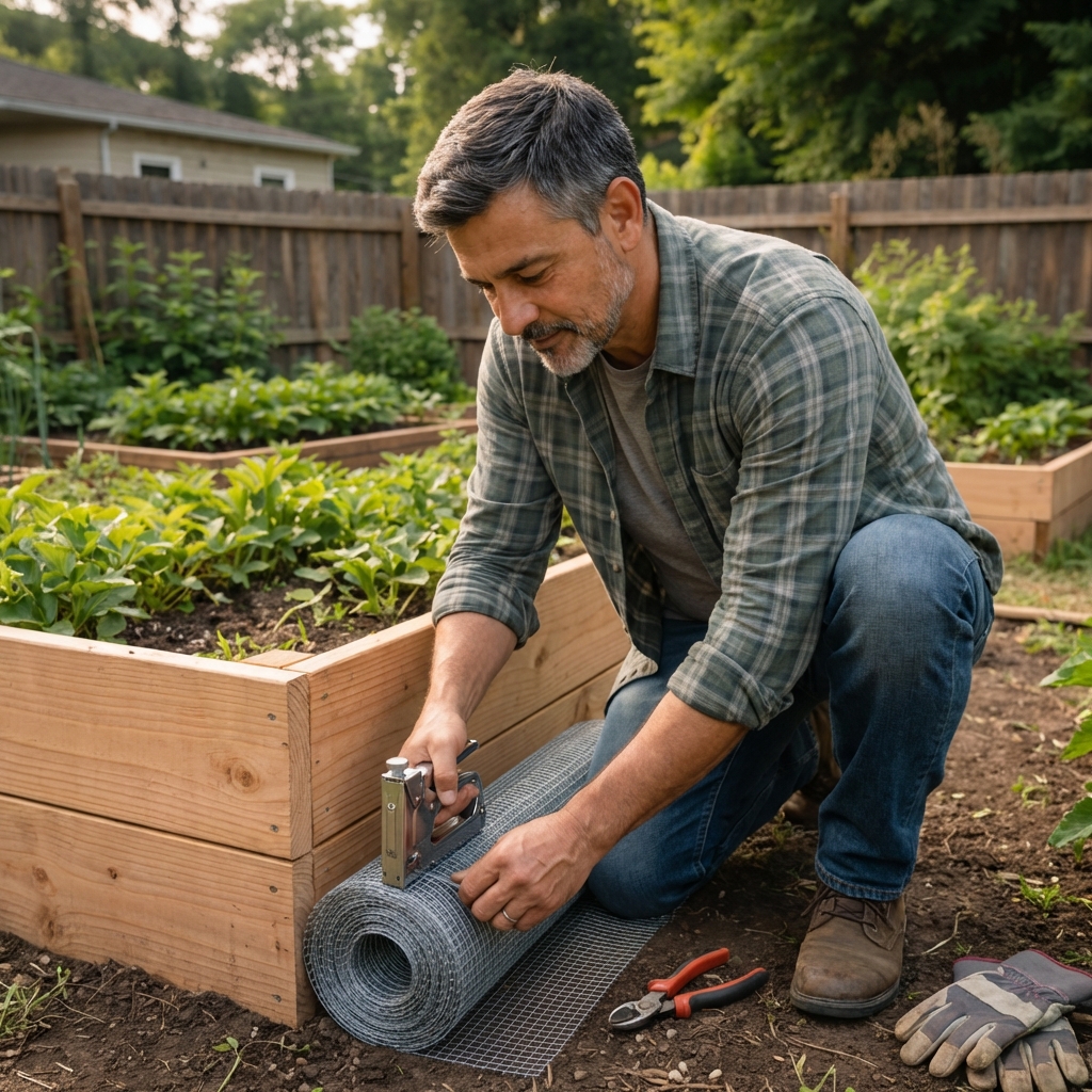 A gardener installing galvanized hardware cloth along the bottom of a wooden raised bed frame