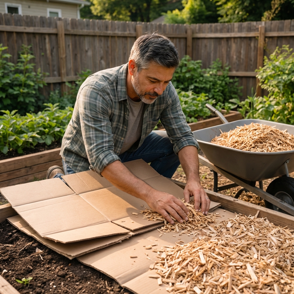 A gardener laying flattened cardboard sheets on soil and covering them with fresh wood chip mulch in a garden bed