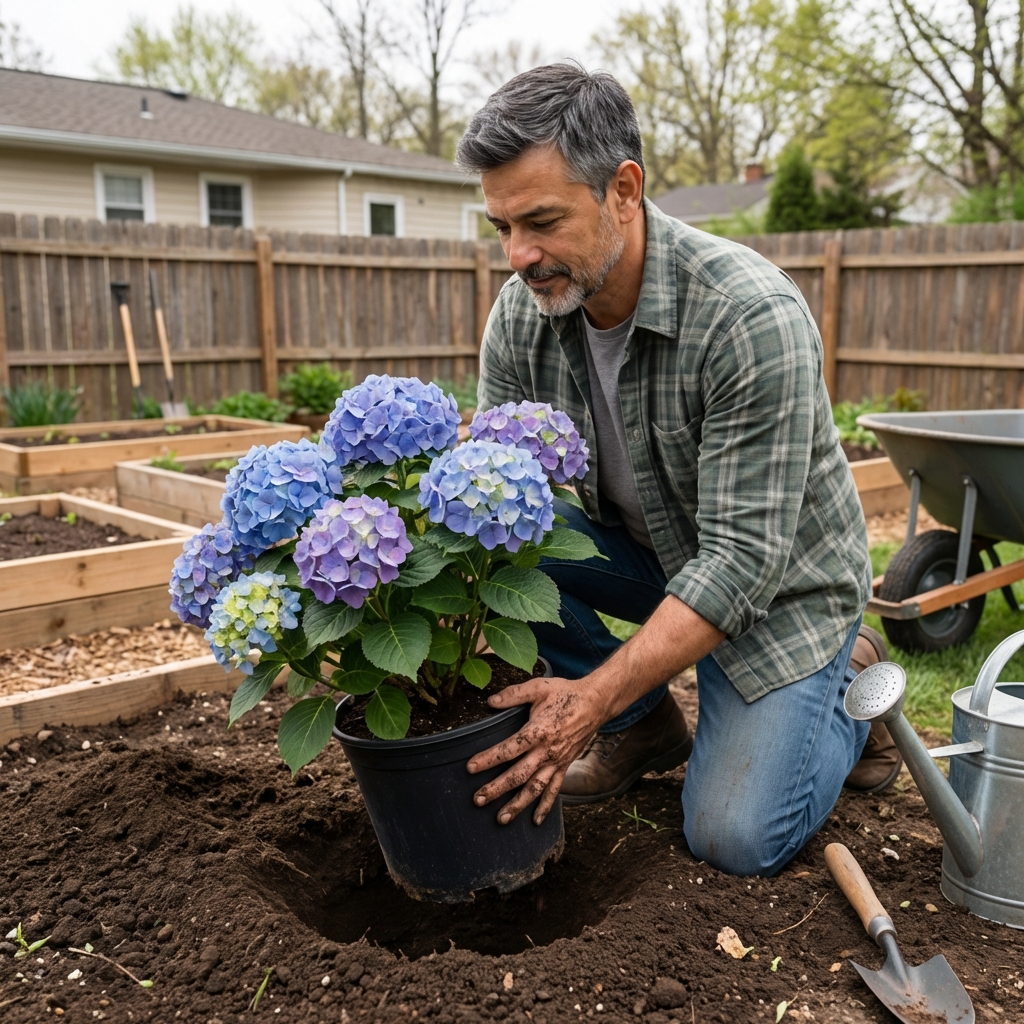 A gardener placing a hydrangea in a planting hole in a backyard garden on an overcast spring day
