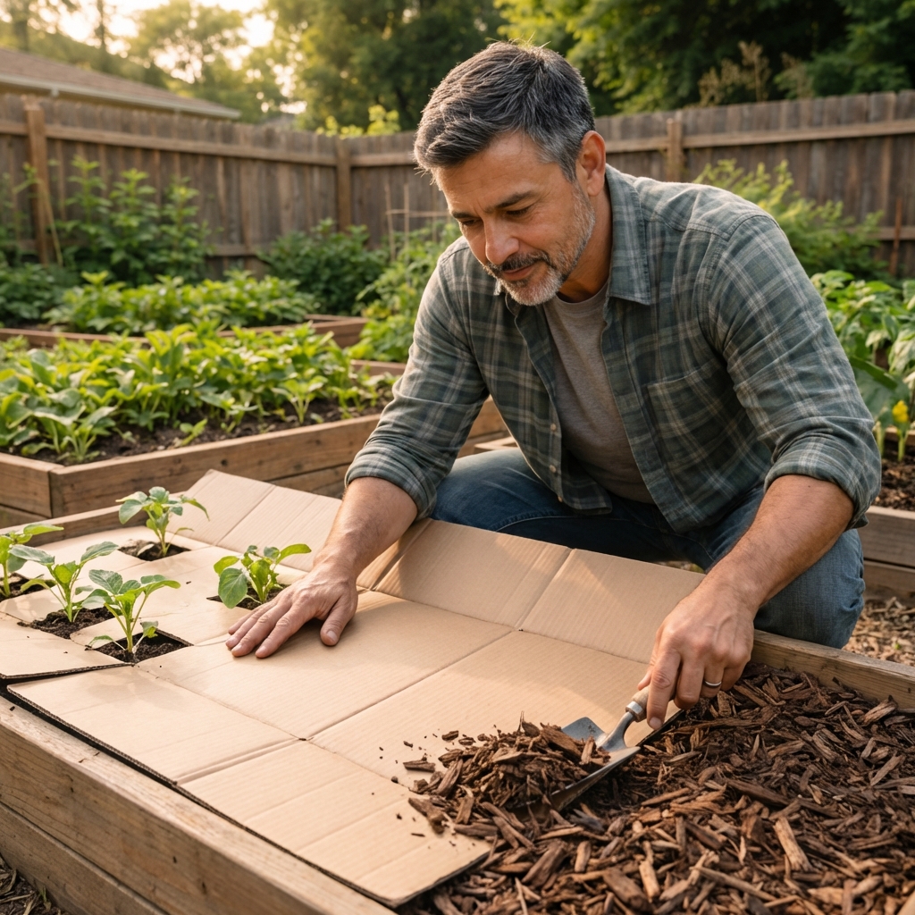 A gardener placing a sheet of plain cardboard around young plants in a garden bed and covering it with mulch
