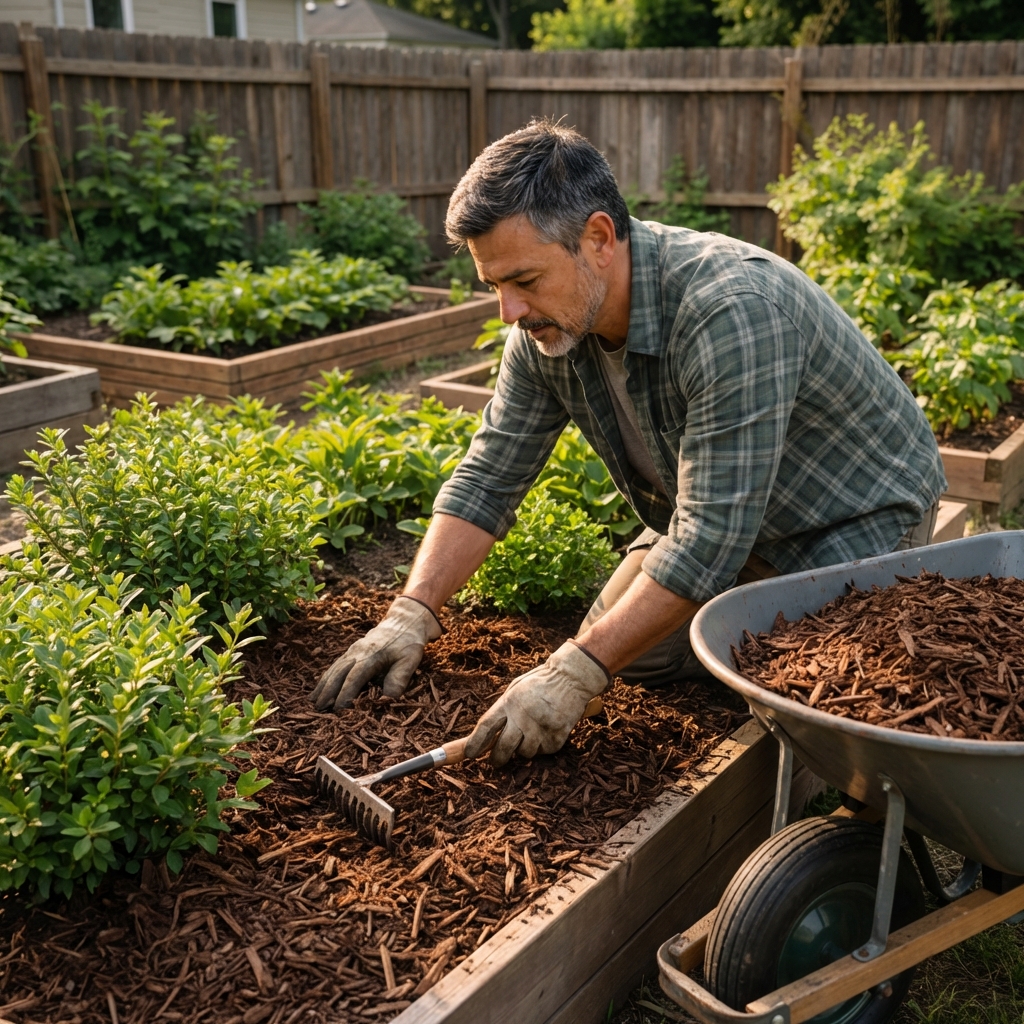 A gardener spreading a fresh layer of wood mulch around shrubs in a backyard garden bed